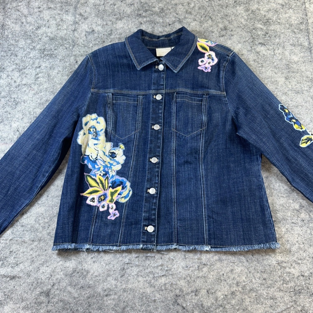 New Chicos Denim Jacket Women's 3P Blue Floral Raw Hem Embroidered Sequin Boho